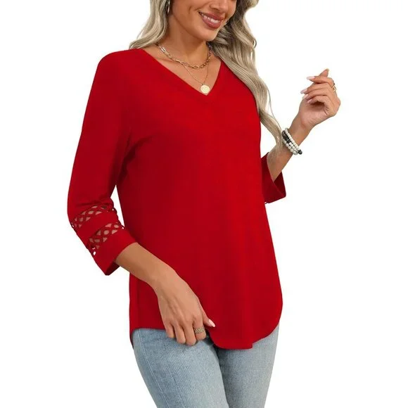 Womens Red Dressy Casual Polyester Blouses Trendy V Neck T Shirts Summer Tops - Picture 4 of 5